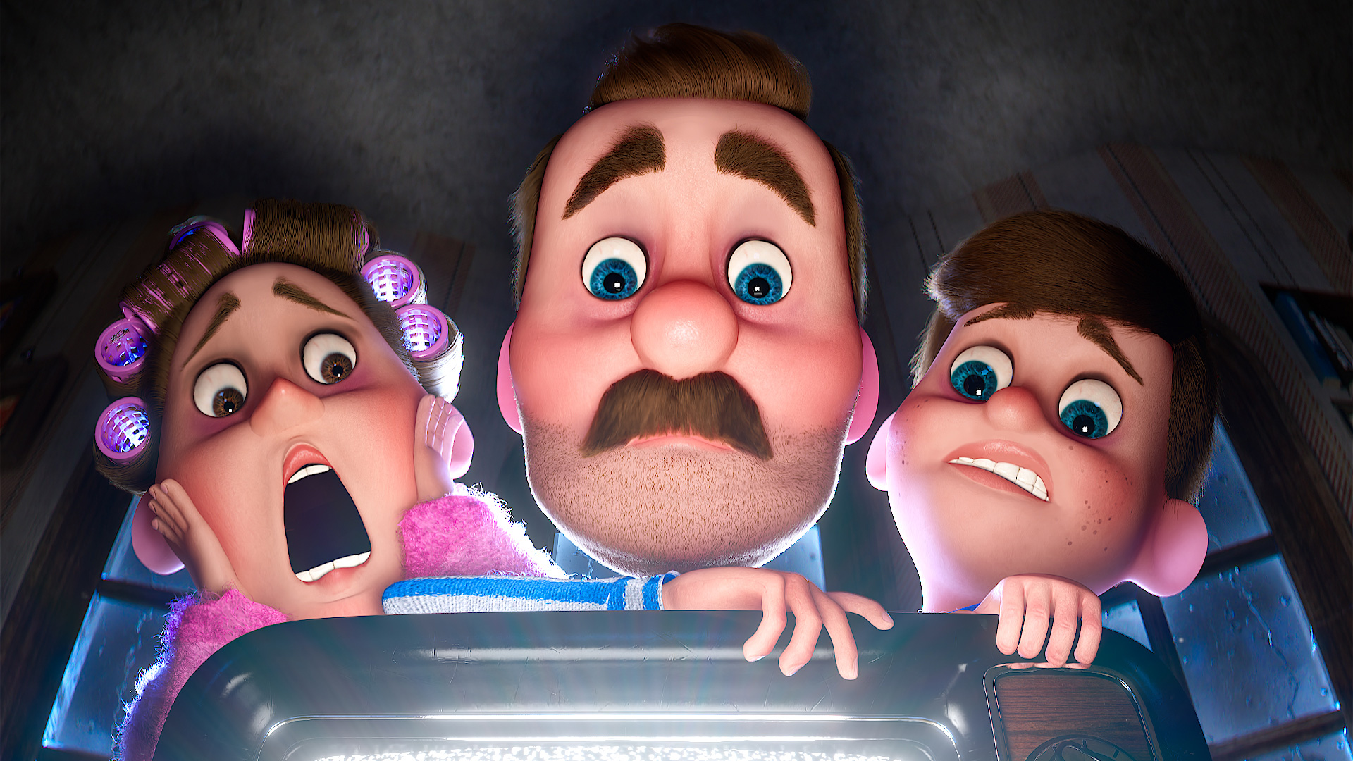 Animation of family looking behind a TV in shock